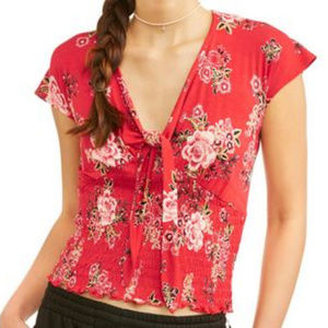 Floral Printed Smocked Tie Front Blouse